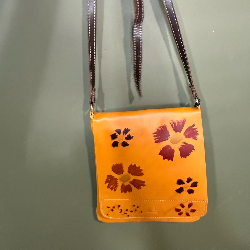 Real Italian leather Women's mustard  Floral Leather Crossbody Bag
